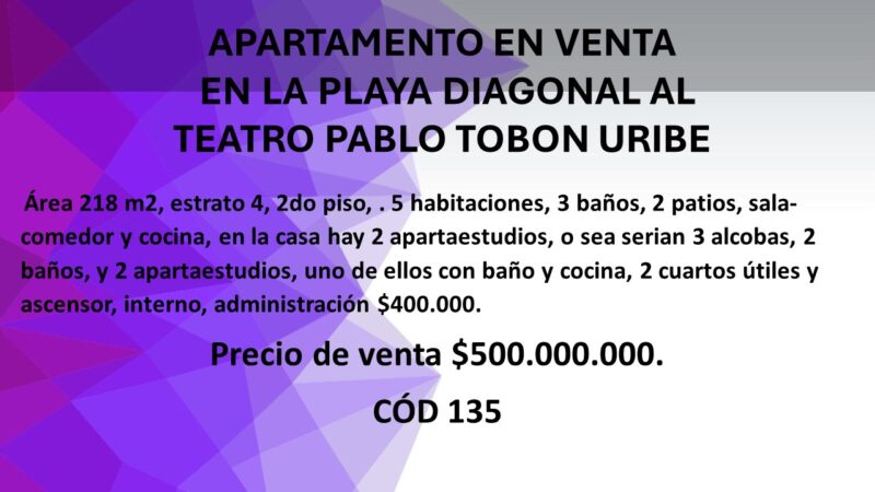APARTAMENTO EN VENTA EN LA PLAYA DIAGONAL AL TEATRO PABLO TOBON URIBE