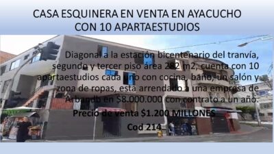 CASA ESQUINERA EN VENTA EN AYACUCHO CON 10 APARTA ESTUDIOS