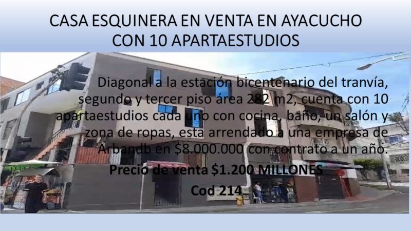 CASA ESQUINERA EN VENTA EN AYACUCHO CON 10 APARTA ESTUDIOS