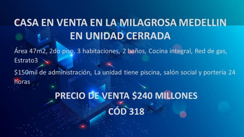 CASA EN VENTA EN LA MILAGROSA MEDELLIN EN UNIDAD CERRADA