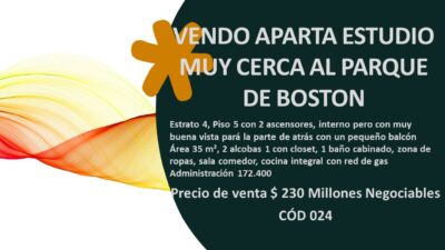 VENDO APARTA ESTUDIO MUY CERCA AL PARQUE DE BOSTON