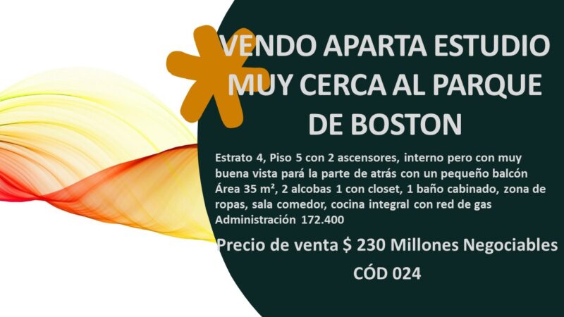 VENDO APARTA ESTUDIO MUY CERCA AL PARQUE DE BOSTON