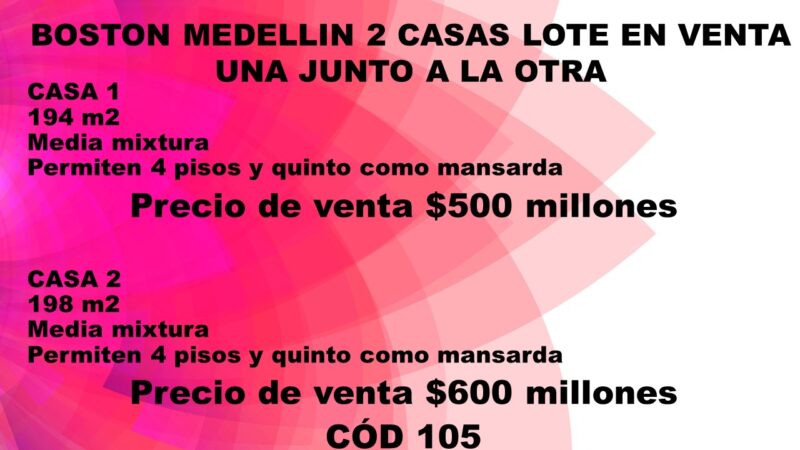 BOSTON MEDELLIN 2 CASAS LOTE EN VENTA UNA JUNTO A LA OTRA