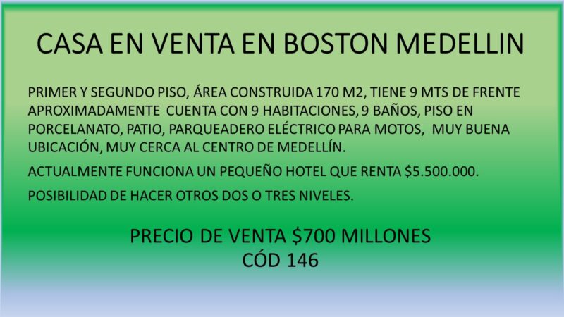 CASA EN VENTA EN BOSTON MEDELLIN