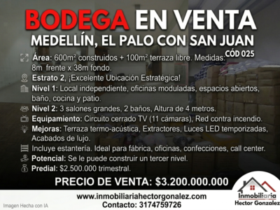 BODEGA EN VENTA EN MEDELLIN, EL PALO CON SAN JUAN